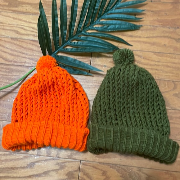 Two Handmade Cable Knit Hats/ Orange & Green - Picture 1 of 5